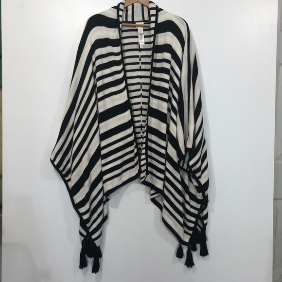 Chico's Striped Poncho Open‎ Front Tassel Hem Shawl Cape OS - Picture 1 of 9